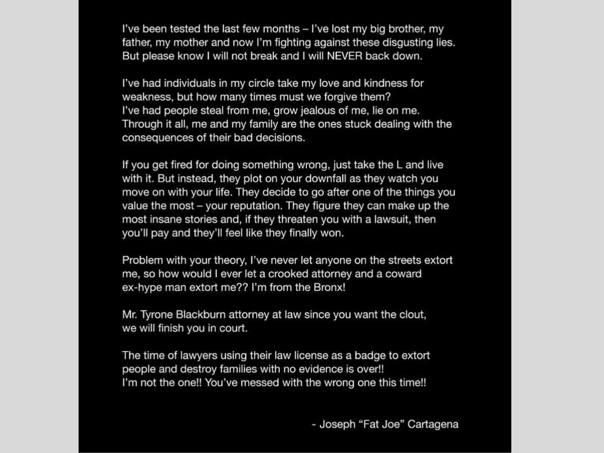 Rapper Fat Joe's statement. (Image via Instagram/@fatjoe)